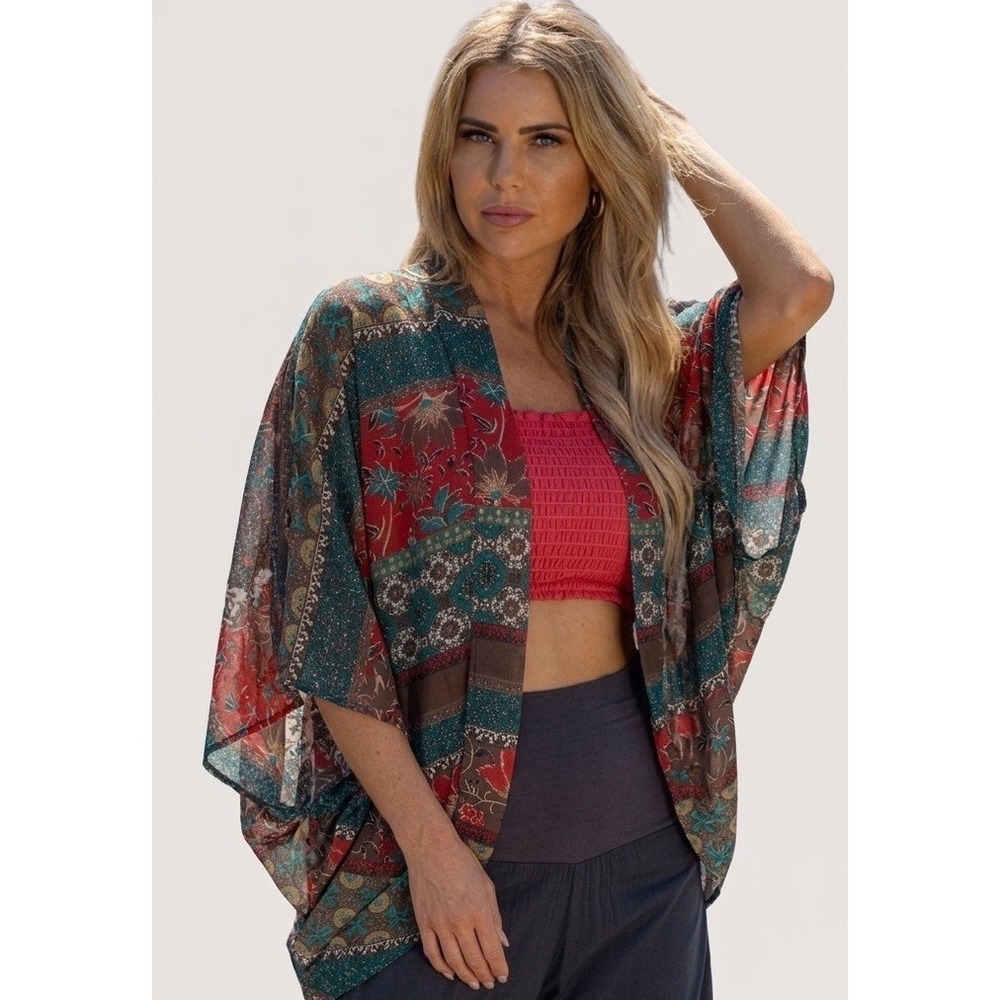 Unbranded Women's Sheer Floral Mosaic Kimono Wrap Boho Beach Coverup One Size